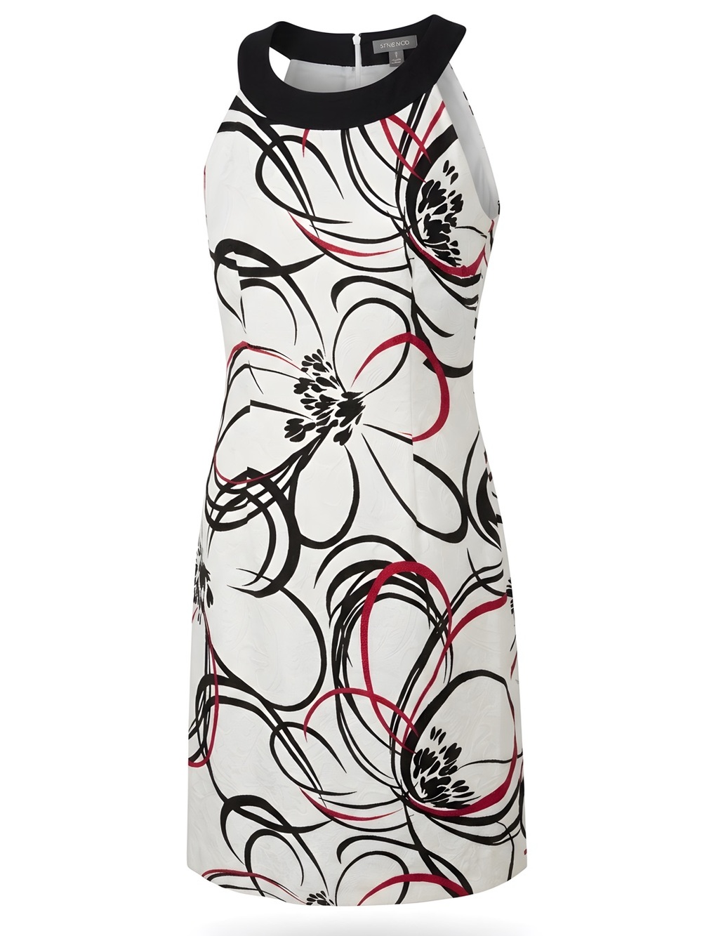 Ann Taylor White Sleeveless Floral Shift Dress with Black and Red Accents